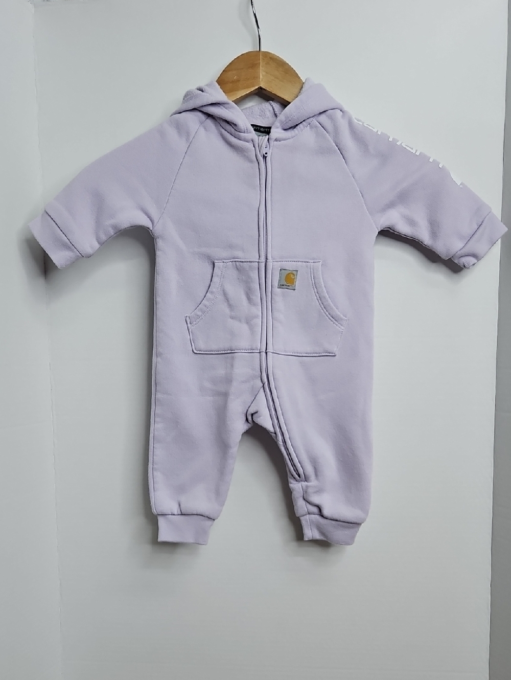 Carhartt Lilac Purple Hooded Baby One-Piece Zip Fleece Romper Sz 3Mos